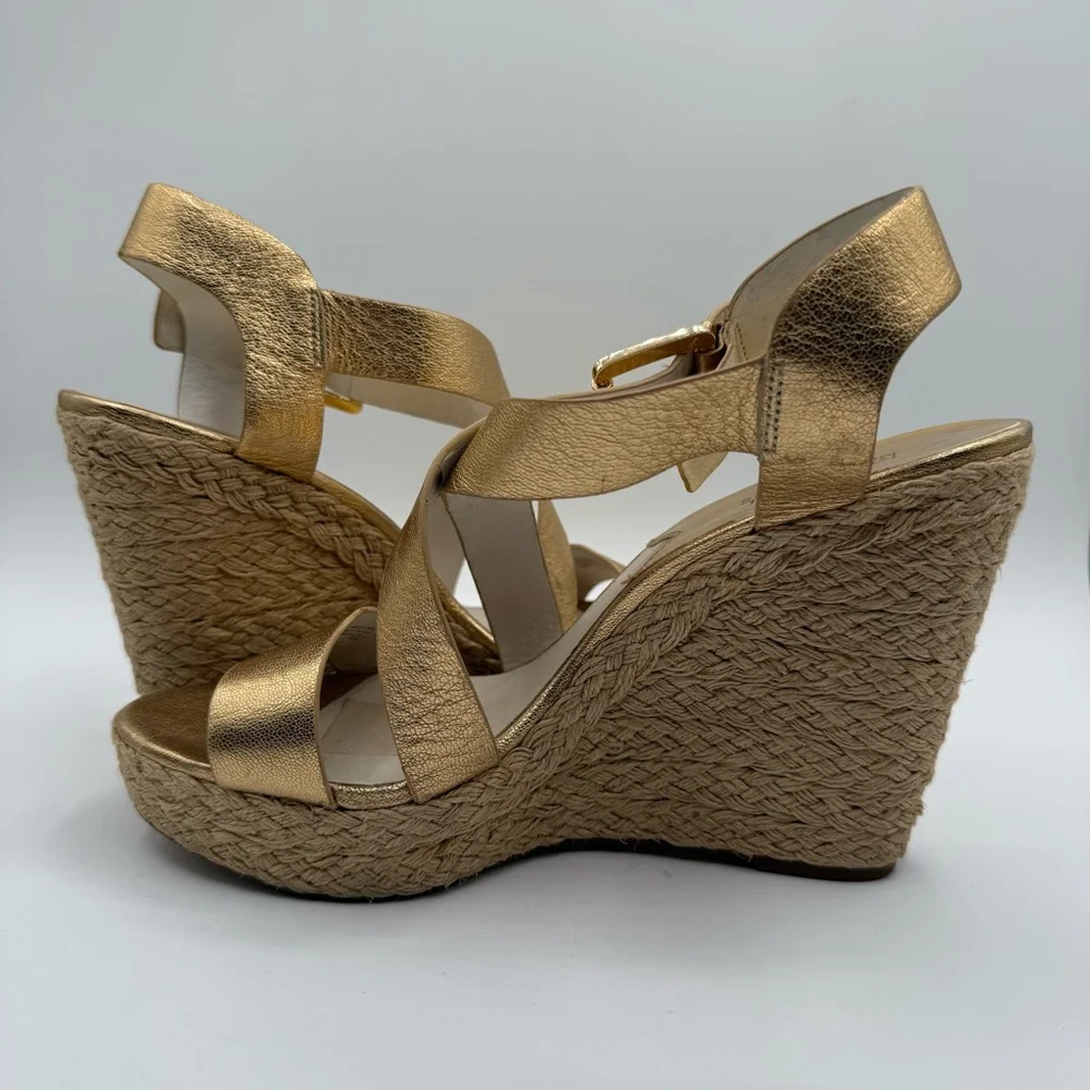 Michael Kors Metallic Gold Wedge-Platform Ankle Strap Espadrilles Size 11M - Picture 8 of 16